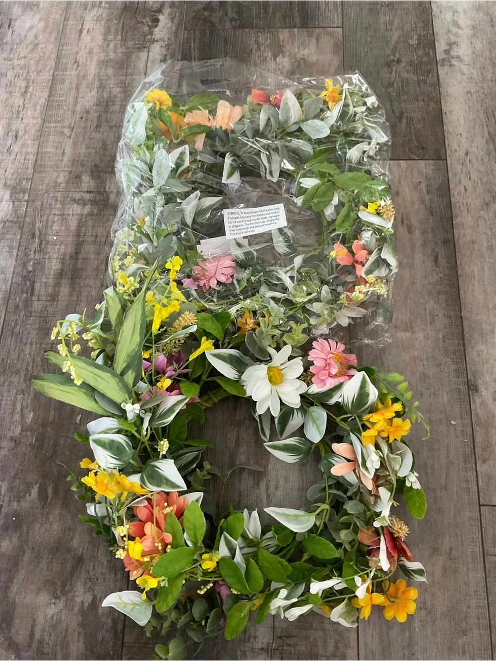 Faux Floral Wreath with Pink, Yellow & White Blooms